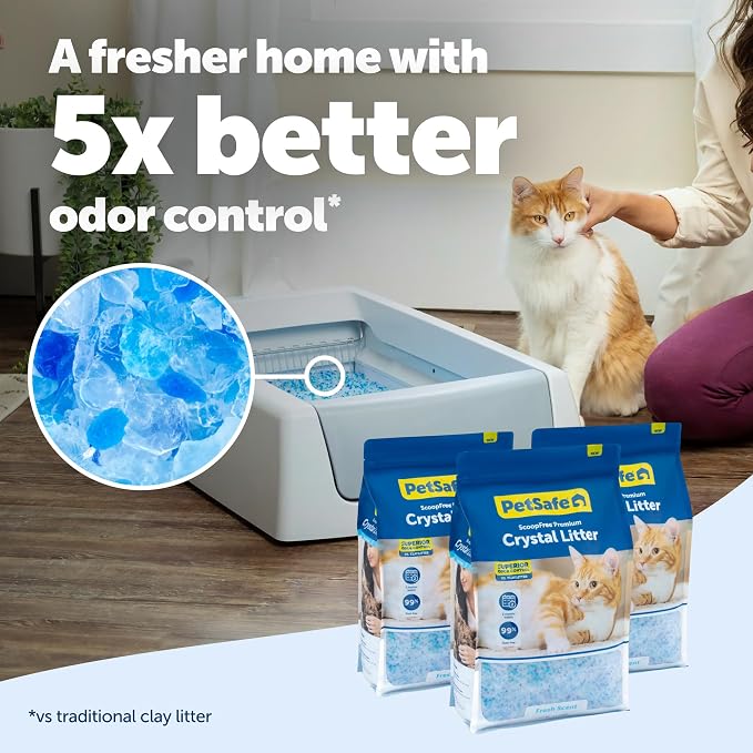 PetSafe ScoopFree Premium Crystal Litter, Fresh Scent, 8Lb Bag, 3 Pack | 5x Faster Odor Control than Clumping Clay Litter, 99% Dust-Free, Low Tracking Crystals, Compatible with Any Cat Litter Box