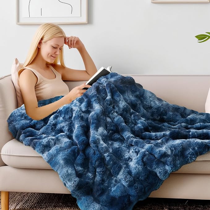 BEDELITE Faux Fur Throw Bubble Blanket for Couch, 60" x 80", Tie-Dye Blue | 870GSM Soft Cozy Plush Blanket for Sofa & Bed Living Room Decor, Warm Fuzzy Faux Rabbit Fur for Women Gift, All Season Use