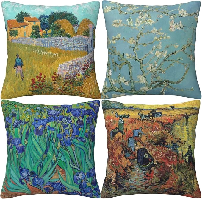 Van Gogh Painting Throw Pillow Covers 18x18 inch Set of 4 Irises Almond Blossom Impressionist Art Pillow Cases Modern Decorative Cushion Covers for Sofa Couch Living Room