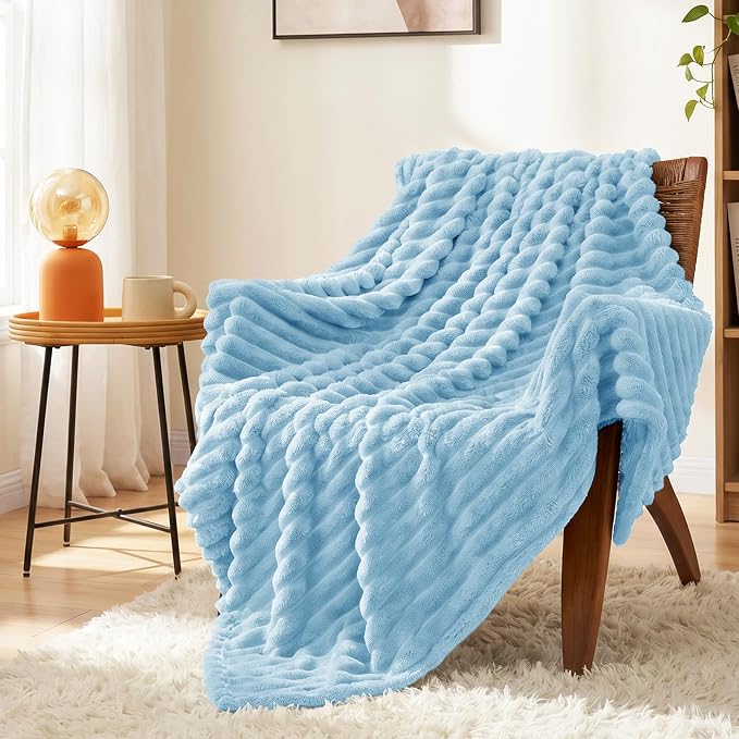 Light Blue Twin Blanket for Bed & Couch, 60 x 80 Inch | 300GSM Ribbed Fleece Blanket, Soft, Cozy & Lightweight, OEKO-TEX Certified, All-Season Use for Travel, Dorm & Home Decor