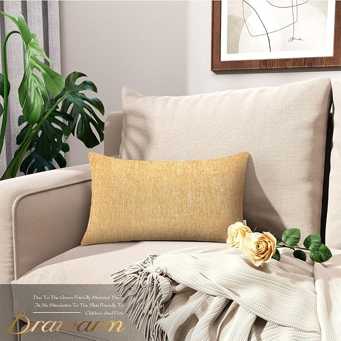BRAWARM Throw Pillow Covers 12x20 Inches - Gold Chenille Lumbar Pillow Covers Pack of 2, Solid Dyed Soft Chenille Pillow Cases for Couch Sofa Bed Home Decoration