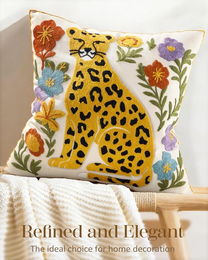 Animal Embroidered Throw Pillow Cover 18x18 Inch, Leopard Floral | Decorative Pillow Cover, Boho Cushion Cases with Hidden Zipper, Fall Decor for Couch, Sofa, Living Room, Bedroom