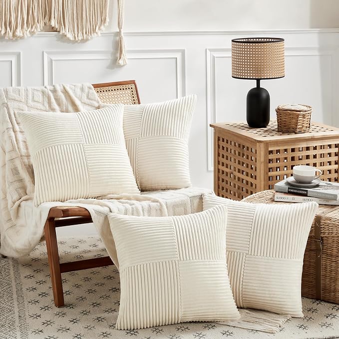 Fancy Homi Cream Lumbar Decorative Throw Pillow Covers 16x28 Inch for Living Room Couch Bed Sofa, Rustic Farmhouse Boho Home Decor, Soft Striped Corduroy Rectangle Accent Cushion Case 40x70 cm