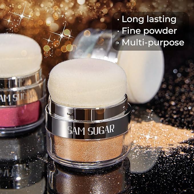 Body Shimmer Powder, 2PCS Body Glitter Powder with Sponge Head, 3D Contour & Long Lasting Luminous, Glow Highlighter Makeup for Face, Eyes, Hair, Perfect for Daily, Party (Pink/Champagne Gold)