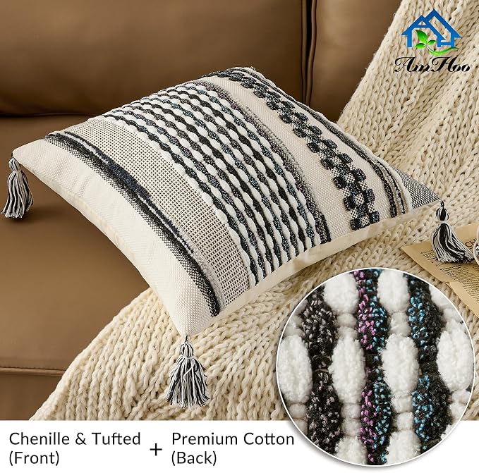 Chenille Striped Textured Boho Throw Pillow Covers Aesthetic with Tassels Woven Decorative Pillow Case for Couch Bed Sofa Bedroom Modern Funky 18 x 18-Inch Black Multicolor