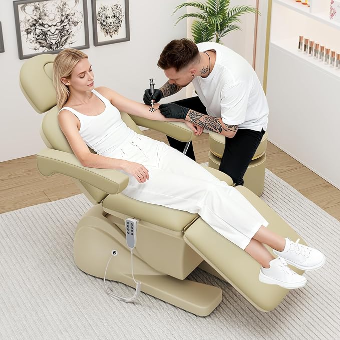 Dolonm 3 Motor Electric Chair, Hand Remote Controlled Adjustable, Hydraulic System for Medical Treatment Exam, Facial, Spa, Eyelash, Tattoo, Podiatry Treatment Beauty Massage - Beige Gray