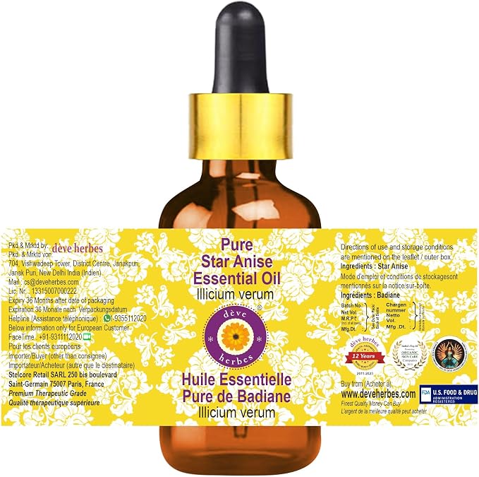 Deve Herbes Pure Star Anise Essential Oil (lllicium verum) with Glass Dropper Steam Distilled 100ml (3.38 oz)