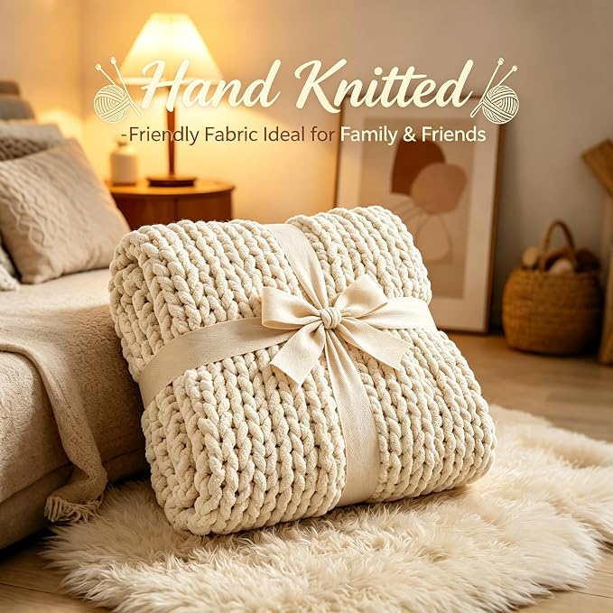 Chunky Knit Blanket Throw for Couch, 51"x63" Chunky Yarn Knitted Blankets | 100% Hand Knit Thick Chenille, Soft Breathable for Bed, Sofa, Home Decor, Cozy Gifts for Women Friends, Ivory
