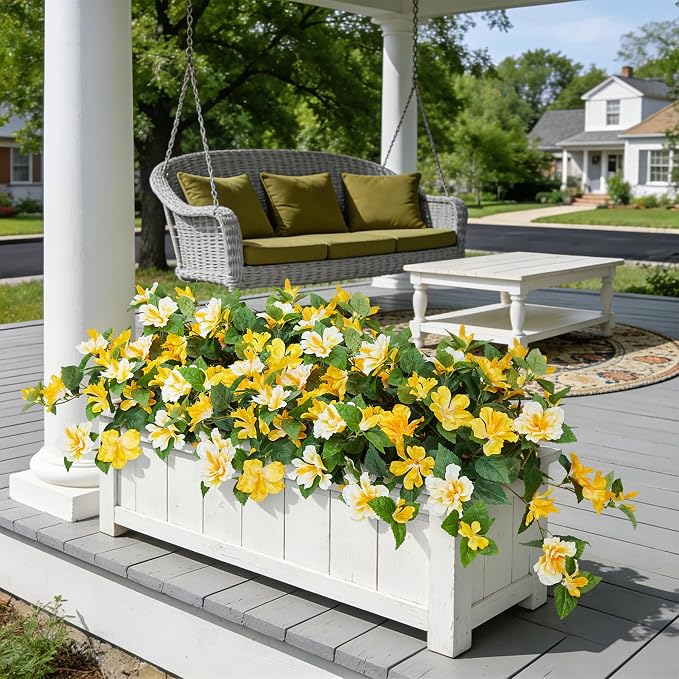 INXUGAO Artificial Flowers for Outdoors Indoors,2 Bunches Fake Hibiscus with Realistic UV Resistant Silk Flower Fabric Leaves,Faux Plants Outside for Home Patio Garden Yard Poch Decor(Yellow,White)