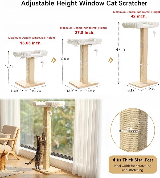 Cat Scratching Post with Large Window Perch, 47-Inch Tall Sisal Cat Tree | Glass Suction-Cup Mounting; For Large Cat & Maine Coons; Thick Square Sisal Post; Ultra-Soft Bolstered Bed; Hold Up to 45 lbs