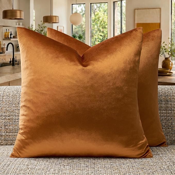 GIGIZAZA Orange Velvet Pillow Covers 24x24 Decorative Pillows Pack of 2 | Throw Pillows for Couch Sofa,280gsm Soft Textured Fabric,Modern Square Pillowcases,Luxury Cushion Covers