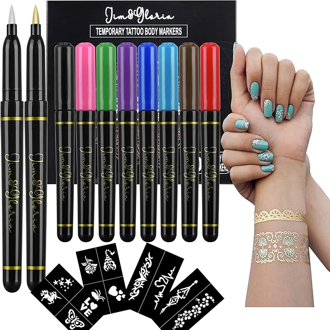 Jim&Gloria Skin Markers Temporary Tattoo Pen 10 Colors with Gold and Silver, Fake Body Paint Tattoos, Christmas Makeup, Face Painting Kit Teen Girl Gifts Trendy Stuff Adults Kids Birthday Gift