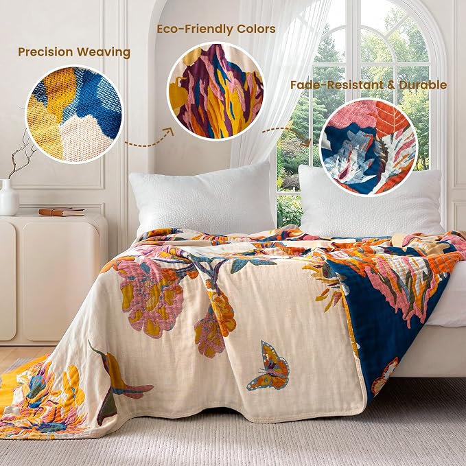MSGKV Boho Throw Blanket 90"x90" Cotton Blanket for Bed, Queen Size Throw | Queen Size Cotton Throw, Bedroom Living Room Decor, Summer Blanket, Breathable Lightweight, Home Decorative, Machine Washable
