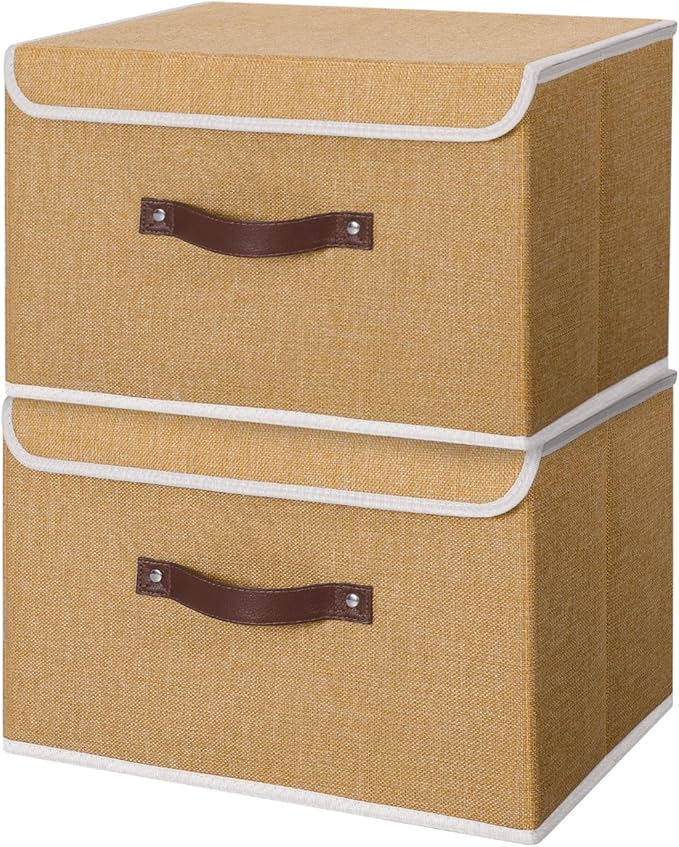 ANMINY Fabric Storage Box Bins with Lids, Khaki, 13"x9"x7.9", 2 Pack | Keepsake Memory Storage, Cotton Linen, PP Board Reinforced, Washable, PU Handles, Foldable & Stackable, Decorative, Medium