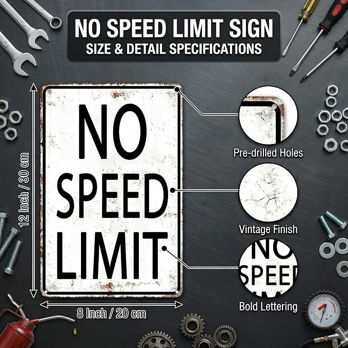Crazysign Boys Gifts Retro Tin Sign No Speed Limit Sign for Boys Room Man Cave Garage Bedroom Vintage Style Wall Art Decor 8 x 12 Inch (3096)