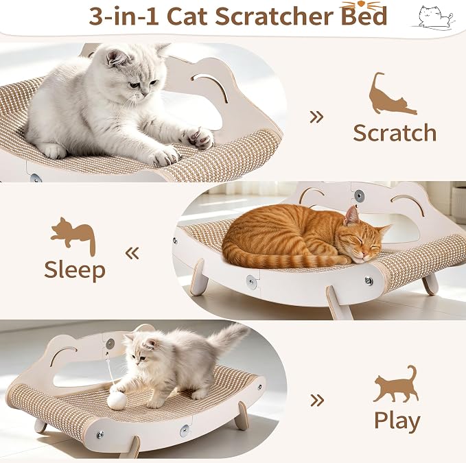 Sisal Cat Scratcher Bed, 3-in-1 Cat Lounger and 23.6" Large Scratching Pad with Hammock for Indoor Cats, Durable Wooden Frame & Natural Sisal Scratcher, Furniture Protector