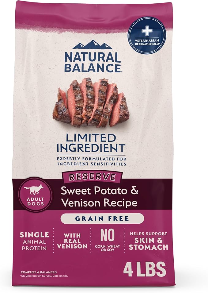 Natural Balance Limited Ingredient Adult Dry Dog Food - Balanced Nutrition for Adult Dogs - Grain-Free, Soy-Free Recipe - Limited Ingredient Formula - 4 lb - Reserve Sweet Potato & Venison Recipe