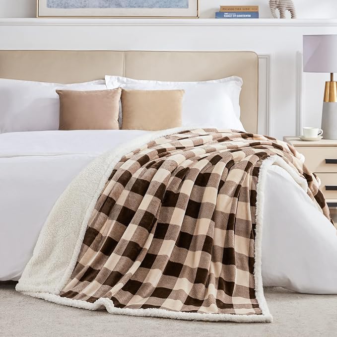 Sherpa Buffalo Plaid Christmas Twin Blanket 60" X 70", Fuzzy Fluffy Soft Cozy Throw Blanket, Fleece Flannel Plush Microfiber Blanket for Couch Bed Sofa(Brown)