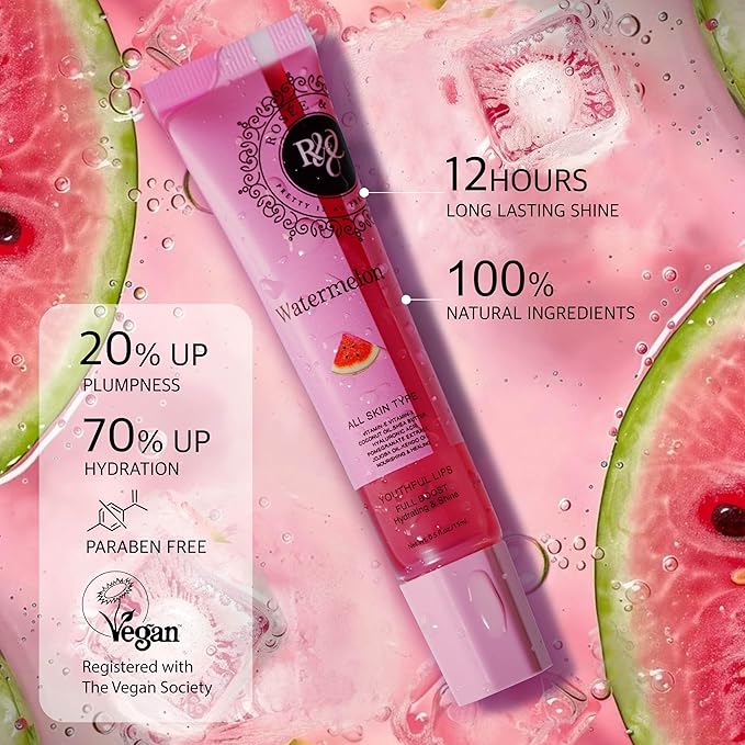 Rosee Lip Gloss Vegan & Cruelty Free Treatment, Professional Make up, Long Lasting Glossy with Shea Butter, Moisturize, Protect & Smooth, High Shine, Non-Sticky (j. Watermelon, 0.5)