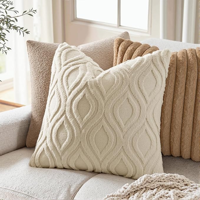 MIULEE Beige Soft Plush Faux Wool Neutral Euro Throw Pillow Covers 26x26 | Set of 2, Fall Farmhouse Boho Home Decor, Decorative Cushion Covers for Sofa, Living Room, Bed