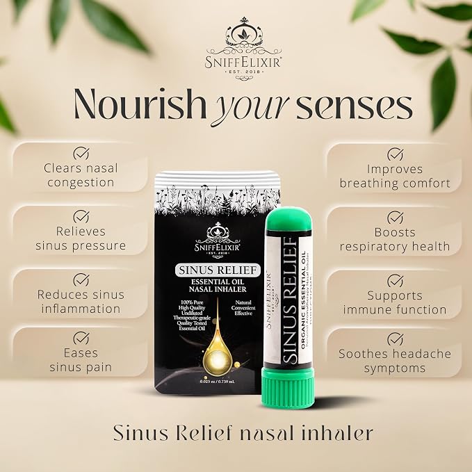 Sinus Relief Essential Oil Aromatherapy Nasal Stick Vapor Inhaler - Natural Stuffy Nose & Congestion Relief for Adults, USA Made with Organic Essential Oils, Breathe Free