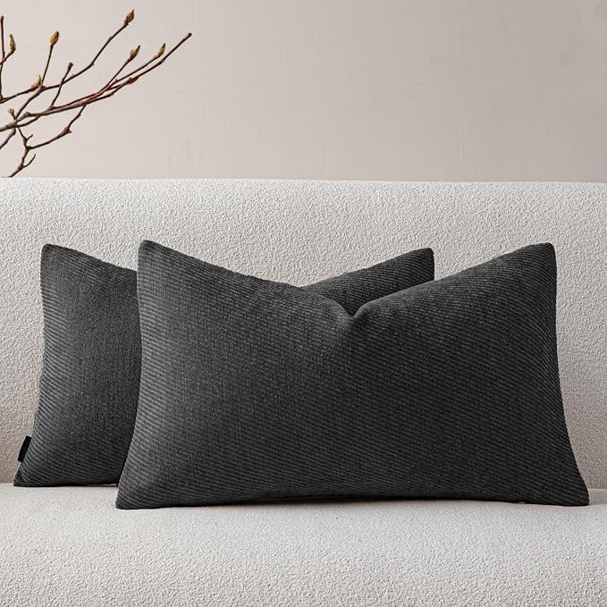 a moment Pack of 2 Decorative Chenille Throw Pillow Covers with Twill Cushion Covers for Sofa Living Room Couch Bed 20x12 Inch Black