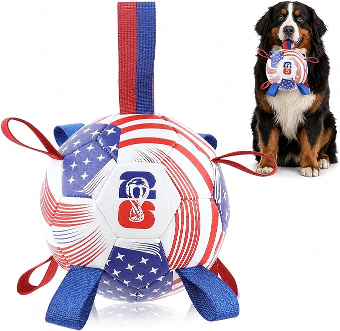 Dog Soccer Ball with Straps, 7.25 Inch Herding Dog Ball Toys World Cup Dog Toy, Balls for 30-90lbs Dogs, Outdoor Dog Toy for Medium Large Puppy, Interactive Toy for Tug, Water Toy Ball,U.S.A