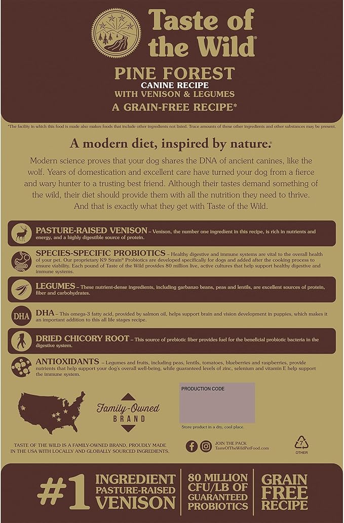 Taste of the Wild Pine Forest Dry Dog Food, Venison & Legumes, 5lb | Puppy, Adult & Senior Dogs |Grain Free Recipe* |Nutrient Dense to Help Support Peak Health |Probiotics for Digestive Support
