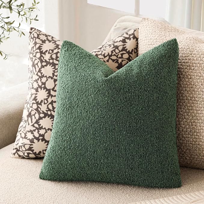 Foindtower Set of 2, Decorative Textured Boucle Throw Pillow Covers Accent Solid Pillow Cases Neutral Cozy Couch Cushion Case for Chair Sofa Bedroom Living Room Home Decor 26x26 Inch Pine Green