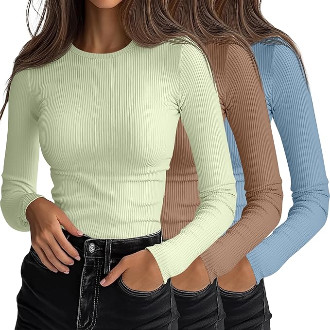 Ficerd 3 Pack Women's Ribbed Long Sleeve Tops, Crew Neck Slim Fit Undershirts Knit Basic Casual Stretch Layering Tee Shirts