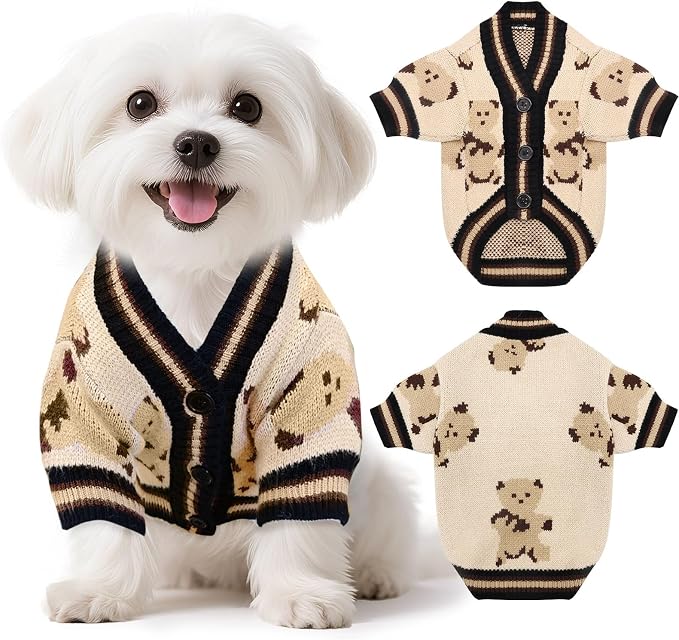 Small Dog Sweaters Cute Bear Knitted Dog Cardigans Clothes for Small Medium Dogs Soft Pet Puppy Cat Knitting Outfits Fall Winter Warm Boy Girl Dogs Knitwear Coat Apparel(Beige, Large)