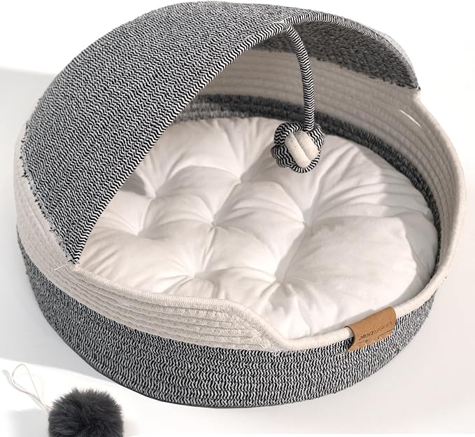 CHEERPALS Cat Basket Bed with Washable Cushion and Ball Rope Cotton, Covered Pet Bed for Indoor Cats Cave Bed Hooded, Stimulicat Cat Bed Handwoven Breathable, All Season Universal(Blue)