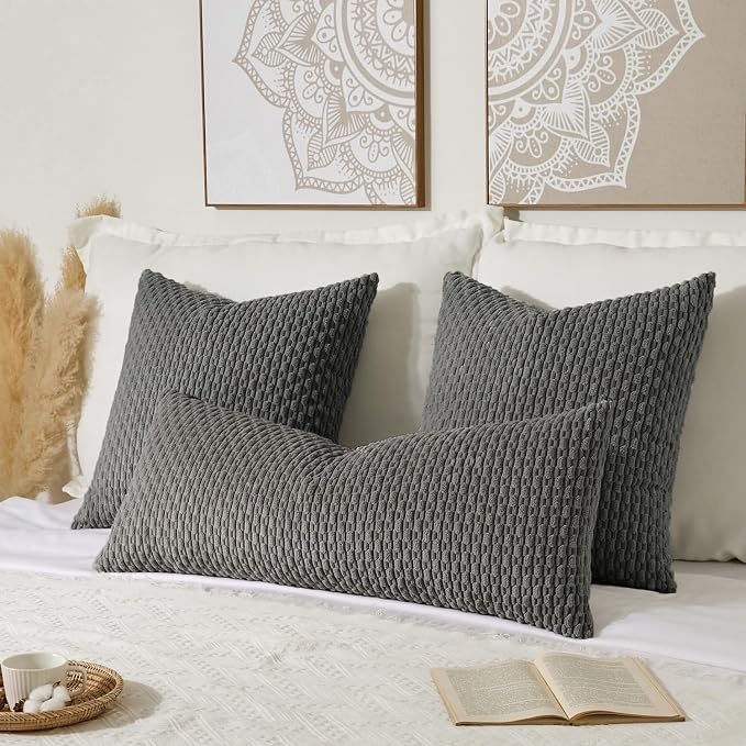 Kevin Textile Soft Corduroy 20"x54" Body Pillow Cover 1 Pack, Dark Grey | Boho Stripe Plush Corduroy Decorative Oblong Cushion Cover Modern Farmhouse Home Decor for Sofa Couch Bed Chair