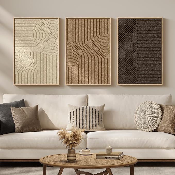 3D Textured Framed Boho Neutral Abstract Wall Art, 3 Piece Modern Minimalist Paintings Artwork for Walls, Brown Beige Tan Geometric Pictures for Living Room Dining Bedroom Office Wall Decor 16x24 In