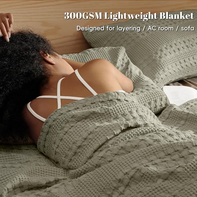 PHF 100% Cotton Waffle Blanket Twin Size, Lightweight Breathable Summer Blanket for Hot Sleepers, Pre-Washed Soft Layer for Bed, Dorm, Couch & Guest Room, Home Decor Gift, 66"x90", Dusty Sage