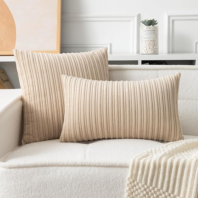 UGASA 14x24 Inch Pillow Cover Pack of 1 Soft Boho Stripe Corduroy Long Rectangular Lumbar Cushion Cover Farmhouse Decorative Throw Pillowcase for Bed, Couch, Sofa, Bedroom, Living Room, Beige