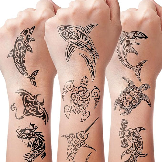 16 PCS Black Tribal Totem Temporary Tattoo Stickers for Women Men, Maori Stingray Shark Whale Turtles Seahorses Patterns, Long-lasting Waterproof Removable Body Art Makeup Fake Tattoo