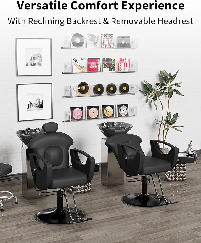 Baasha Ergonomic Reclining Salon Chair with Adjustable & Removable Headrest, All Black Hydraulic Styling Chair, Soft PU Leather, 135° Recline, 360° Swivel, Heavy-Duty Steel Frame, 330 lbs Capacity