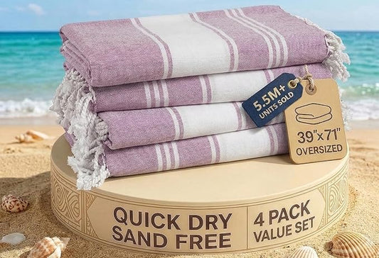 LANE LINEN Beach Towels 4 Pack Oversized - Turkish Towel Set, Pre-Washed Oversized Beach Towel, Quick Dry Beach Towels for Travel, Beach Towel Large, 39"x71" - Regal Orchid