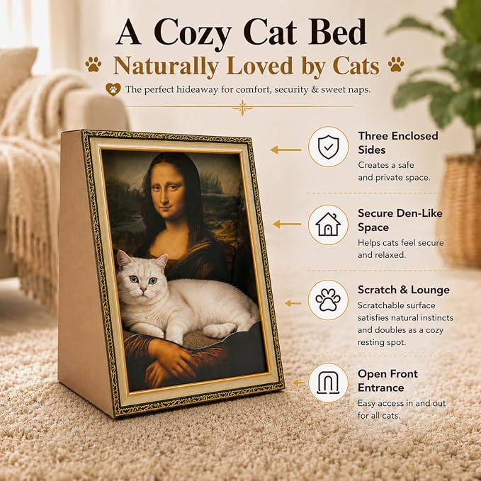 Mona Lisa Cat Bed 3-in-1 Cardboard Cat House with Scratching Pad & Cozy Hideout, Artistic Cat Furniture for Indoor Cats, Decorative Cat Condo for Home Décor Easy Setup, Novelty Gift for Cat Lovers