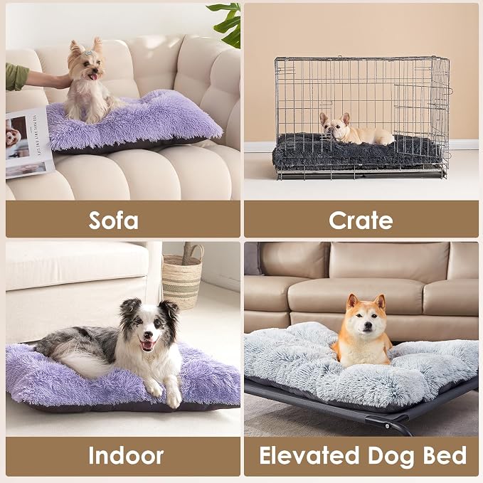 EHEYCIGA Fluffy Dog Crate Bed, Plush XX Large Dog Pillow, Purple | Xlarge Calming Anti Anxiety Plush Faux Fur Mat for Large size dogs, Washable Soft Warm Dog Pad with Non-Slip Bottom