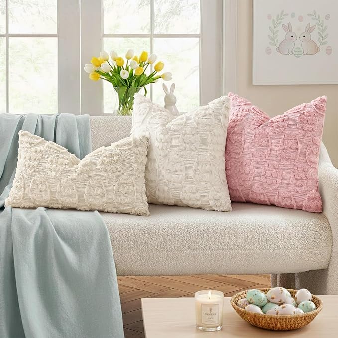 decorUhome Cream White Faux Fur Egg Throw Pillow Covers 12x20 Set of 2 | Plush Soft Wool Jacquard Cream White Cushion Covers, Modern Farmhouse Easter Holiday Decor Pillow Covers for Couch Sofa Bed