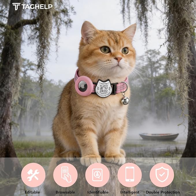 Cat Collar with AirTag Holder, QR Code Tag and Bell (Pink)