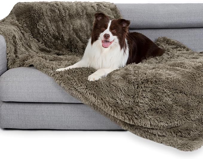 gogobunny Waterproof Dog Blanket for Couch & Furniture Protection - Super Soft Reversible Throw for Large Dogs & Cats, Calming Washable Fur & Sherpa Pet Blanket (33x77 Inch, Stone)