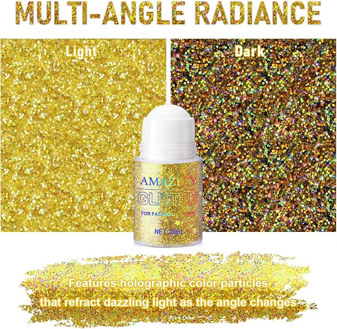 Roll-on Holographic Body Glitter Gel for Face and Hair, Chameleon Color Changing Glitter Gel Under Light, Chunky Mermaid Sequins Festival Party Rave Accessories Body Shimmer Makeup (Gold)