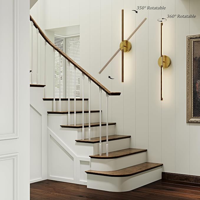32" Battery Operated Wall Sconce Set of 2, 350° Rotating Lamp, Walnut Gold | Wireless, 8000mAh Rechargeable Battery, Stepless Dimming, 3000K-6000K, Remote & Touch Control, Timer, Living Room, Bedroom