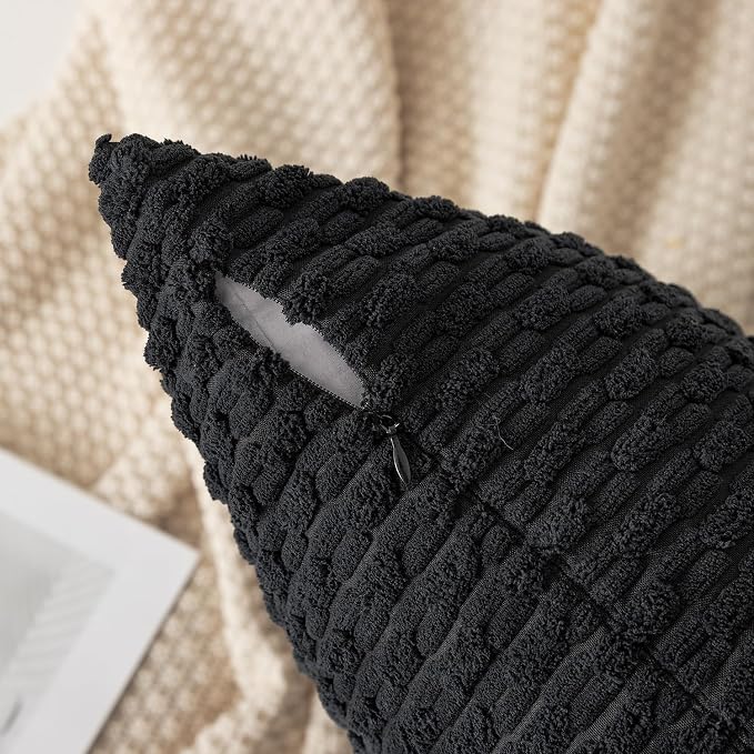 Kevin Textile Soft Corduroy 14"x36" Lumbar Pillow Cover 1 Pack, Black | Boho Stripe Plush Corduroy Decorative Oblong Cushion Cover Modern Farmhouse Home Decor for Sofa Couch Bed Chair