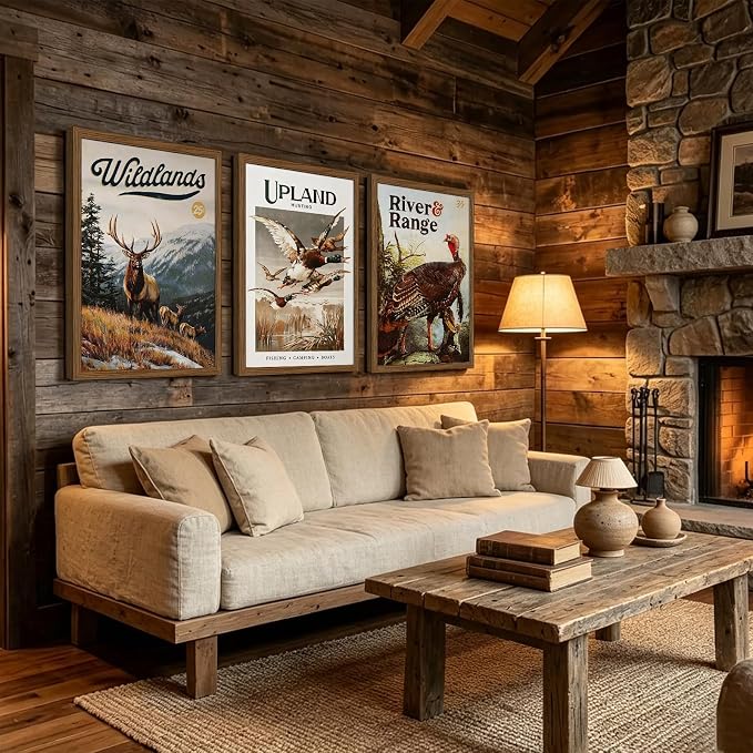 Hunting Wall Art Decor Deer Wildlife Prints Cabin Vintage Duck Pictures | Hunting Room Canvas Decor Rustic Animal Posters Fishing Mallard Duck Painting for Farmhouse Bedroom 16x24 Inch Framed 3Pcs