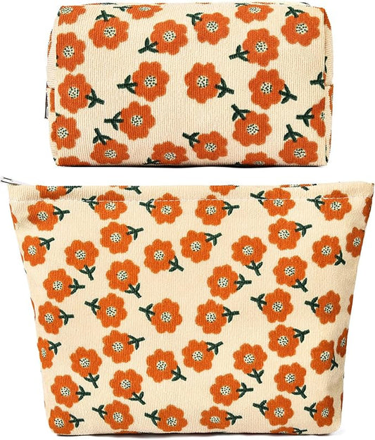 SOIDRAM 2 Pieces Flower Makeup Bag Large Corduroy Cosmetic Bag Capacity Canvas Mix Travel Toiletry Bag Organizer Cute Makeup Brushes Aesthetic Accessories Storage Bag for Women, Flower Mix Orange