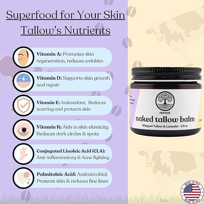 Beef Tallow for Skin | LAVENDER NAKED TALLOW BALM I 2 Ingredients - 100% Grass Fed Beef Tallow & Lavender | Whole Body & Face Whipped Tallow | Sensititve Dry Skin, Eczema, Psoriasis, Rosacea